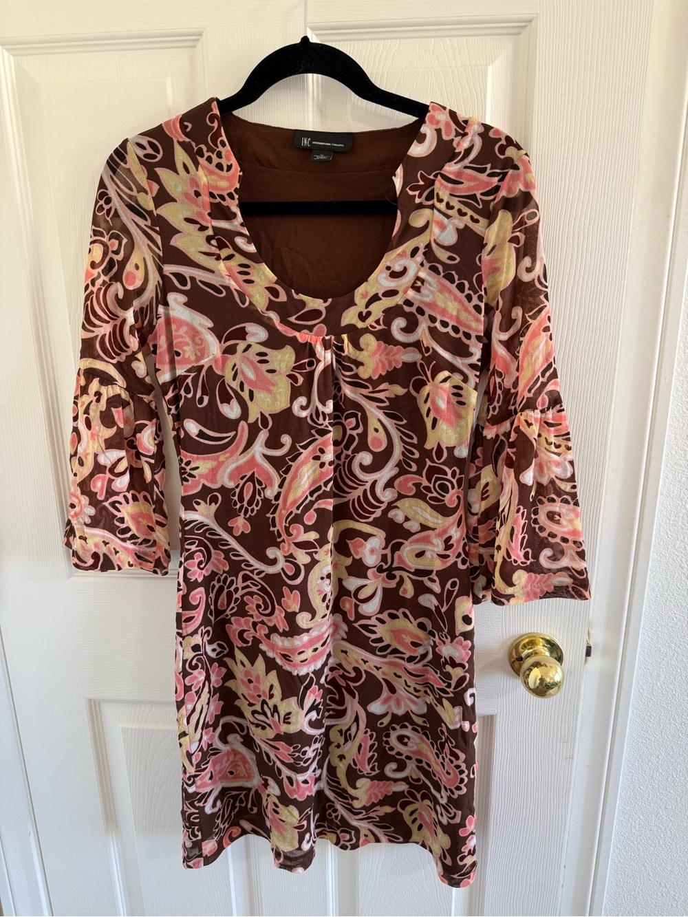 Brown Paisley Knit Tunic with Pink and Cream Accents